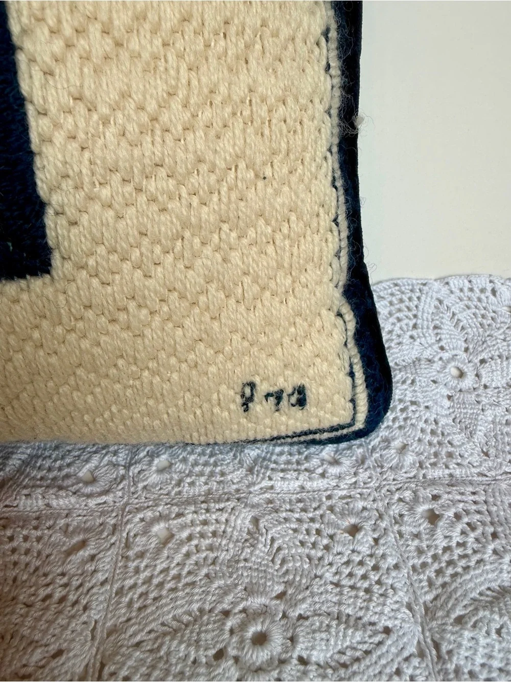 Hand Hooked Monogram C Accent Throw Pillow Navy Cream Wool Velvet Back